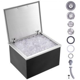   VEVOR jégkocka, 28"H x 16"SZ x 17"M rozsdamentes acél jéghűtő, kereskedelmi jégtároló csuklós fedéllel, 40 literes kültéri konyhai jégbár, lefolyócsővel és lefolyódugóval, hideg borhoz és sörhöz
