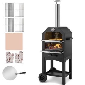   VEVOR kültéri pizzakemencé, 12"-os fatüzelésű kemence, 2 rétegű pizzakemencé, fatüzelésű, fatüzelésű kültéri pizzakemencé 2 levehető kerékkel, 700℉ maximális hőmérsékletű fatüzelésű pizzasütő kemence grillezéshez