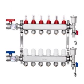   VEVOR 6-ágú sugárzó fűtési elosztó, 1/2" PEX csőelosztó, rozsdamentes acél PEX elosztó hidraulikus padlófűtéshez, sugárzó fűtéshez való PEX elosztókészlet 1/2"-os adapterekkel