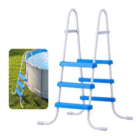   VEVOR föld feletti medencelétra, 3 lépcsős acél A-alakú medencelépcső 91,4 cm magas falhoz, 136 kg teherbírású be-/kilépőlépcsők biztonságos, csúszásmentes, masszív, széles lépcsőfokkal, egyszerű felállítás, fehér és kék