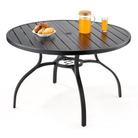   VEVOR kültéri terasz étkezőasztal, 120 cm-es kerek fém acélléces hátsó udvari bisztróasztalok, 38 mm-es napernyőlyukkal, kültéri, minden időjárási körülmény között használható nagyméretű bútor gyepkerti verandára, fekete