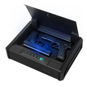   VEVOR fegyverszéf, nagy teherbírású pisztolyszéf ujjlenyomattal/jelszóval/kulccsal, 3 irányú gyors hozzáférésű lőfegyvertok világítással 2 pisztolyhoz és 2 tárhoz, pisztolyos fegyverdoboz éjjeliszekrényre, éjjeliszekrényre, autóba