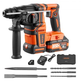   VEVOR fúrókalapács, 20 mm-es SDS-Plus akkus, 20 V-os akkumulátoros fúrókalapács, szénkefe nélküli, akkumulátorral, töltővel, 3 fúrófejjel, laposvésővel, hegyesvésővel, hordtáskával, betonhoz