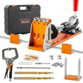   VEVOR Pocket Hole Jig Kit, 34 db Zseblyuk-rácsrendszer 11"-es C-bilincssel, Rögzítés, Lépcsős fúrók, Kulcsok, Fúróütköző gyűrűk, Négyzet alakú meghajtó bitek, Szerszámosláda, Barkács asztalos munkákhoz, Állítható