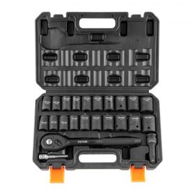   VEVOR 1/2"-os ütvecsavarhúzó készlet, 23 darabos SAE dugókulcs készlet (7/16" - 1") és metrikus 6 pontos Cr-V ötvözött acél autójavításhoz, racsnis fogantyúval, masszív szerkezeti tárolódoboz