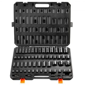   VEVOR 3/8" és 1/2"-os ütvecsavarhúzó készlet, 59 részes SAE dugókulcs készlet 5/16"-tól 1-1/4"-ig és metrikus 6-32 mm, 6 élű króm-moládi ötvözött acél autójavításhoz, könnyen leolvasható jelölések, masszív konstrukció, tárolódoboz