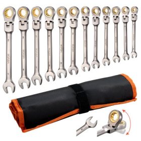   VEVOR flexibilis fejű racsnis villáskulcskészlet, 12 darabos metrikus 8 mm-től 19 mm-ig, 72 fogú, Cr-V acél racsnis flexibilis villáskulcskészlet feltekerhető tasakkal, általános háztartási és autóipari javításokhoz