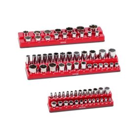   VEVOR mágneses dugókulcs-rendező készlet, 3 db-os mágneses dugókulcs-tartó, 1/4'', 3/8'' és 1/2'' SAE dugókulcs-tálcák átlátszó címkékkel, akár 68 db-os standard és mély dugókulcs-tartó, piros (dugókulcsok nem tartozék)