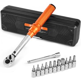  VEVOR Click nyomatékkulcs készlet, 1/4 hüvelykes meghajtó, 20-200lbf-in/2.3-22.6Nm, kétirányú és kéttartományú skálák, 72 fogú, ±3% nagy pontosságú, bitfejekkel, hosszabbító rúddal, kerékpárjavításhoz, narancssárga