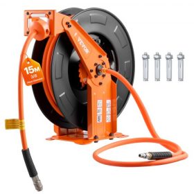   VEVOR visszahúzható légtömlődob, 15 m x 9,5 mm hibrid légtömlő, max. 300 PSI, automatikus visszatekercselésű légkompresszoros tömlődob 1,52 m-es bevezető hosszal, mennyezetre/falra szerelhető, strapabíró acél dupla karral