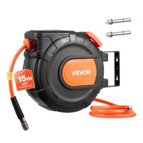   VEVOR visszahúzható légtömlődob, 15 m x 9,5 mm PVC légtömlő, max. 300 PSI, zárt légkompresszoros tömlődob, automatikus visszatekercselés, 1 m bevezetőcsővel, 180°-ban forgatható mennyezeti/fali tartó garázsokhoz, műhelyekhez