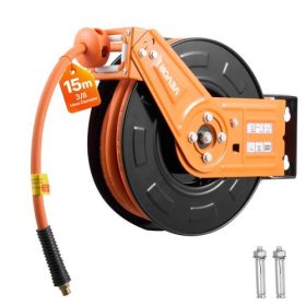   VEVOR visszahúzható légtömlődob, 15 m x 9,5 mm gumi légtömlő, max. 300 PSI, automatikusan visszatekeredő légkompresszor tömlődob 1 m-es bevezetőcsővel, 180°-ban elforgatható mennyezeti/fali tartó garázsba, műhelyekbe