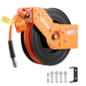   VEVOR visszahúzható légtömlődob, 15 m x 9,5 mm hibrid légtömlő, max. 300 PSI, automatikusan visszatekeredő légkompresszoros tömlődob 1 m-es bevezetőcsővel, 180°-ban forgatható mennyezeti/fali tartó garázsba, műhelyekbe