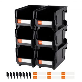   VEVOR Műanyag Rakásolható Tárolódobozok, 37,7 x 21,5 x 18 cm (6 db-os csomag), Műanyag Tartályok Rendszerezéshez és Tároláshoz Gardróbba, Garázsba, Kis Alkatrészekhez, Irodaszerekhez és Egyéb Kiegészítőkhöz, Fekete