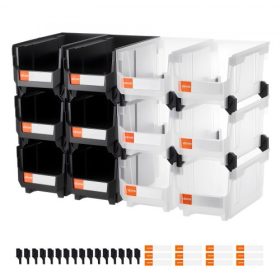   VEVOR Műanyag Rakásolható Tárolódobozok, 37,7 x 21,5 x 18 cm (12 db-os csomag), Műanyag Tartályok Rendszerezéshez és Tároláshoz Garázsba, Kis Alkatrészek, Irodaszerek, Egyéb Kiegészítők, Fekete & Átlátszó
