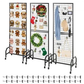   VEVOR 3 db-os rácsos falpanel, 600 x 1640 mm-es drótrácsos panelek, mozgatható művészeti polc kerekekkel és 30 akasztóval, fekete szénacél rácsfal kézműves kiállításokhoz, dekorációhoz, tároláshoz, hirdetőtáblához