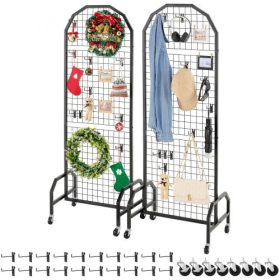  VEVOR 2 db-os rácsos falpanel, 600 x 1640 mm-es drótrácsos panelek, mozgatható művészeti polc kerekekkel és 20 akasztóval, fekete szénacél rácsfal kézműves kiállításokhoz, dekorációhoz, tároláshoz, hirdetőtáblához