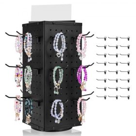   VEVOR forgó perforált fali állvány, 18,8 x 18,8 x 42,6 cm-es, 4 oldalas forgó perforált fali állvány 24 akasztóval, vastagított, hidegen hengerelt acél kézműves állványszervező ékszerüzlethez, fekete
