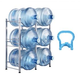   VEVOR 3 szintes vizeskanna tartó, 5 gallonos vizespalack tartó, dupla soros vizespalack tartó 6 palackhoz, nagy teherbírású vizeskanna tartó konyhába, irodába, nappaliba, ezüst