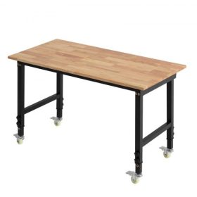   VEVOR állítható munkapad kerekeken, 680 kg teherbírás, 122 x 60 cm tölgyfa munkalap 72,5-107,5 magasságállítással, strapabíró keményfa munkaasztal garázsba, műhelybe, otthonra, irodába