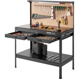   VEVOR munkapad A3 acél munkapad garázsba max. 1500 W-os, nagy teherbírású munkapad 100 kg-os teherbírás 0,47 hüvelykes asztallap vastagsága keményfa munkapad 1,5 m-es kábel 4 db hálózati aljzat 2 db USB port 30 db kampó