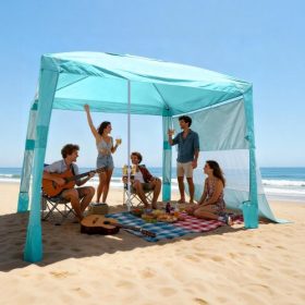   VEVOR strandkabin, 2,4 x 2,4 m-es strandponyva oldalfallal, UPF 50+ védelem, könnyen felállítható kabin sátor homokzsebekkel, állítható magasságú, hordozható árnyékoló, napernyő családtagoknak, zöld