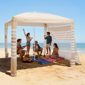   VEVOR strandkabin, 2,4 x 2,4 m-es strandponyva oldalfallal, UPF 50+ védelem, könnyen felállítható strandkabin sátor homokzsebekkel, állítható magasságú, hordozható árnyékoló, napernyő az egész családnak és barátoknak