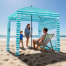   VEVOR strandkabin, 1,83 x 1,83 m-es strandponyva oldalfallal, UPF 50+ védelem, könnyen felállítható kabin sátor homokzsebekkel, hordozható árnyékoló napernyő az egész családnak, zöld csíkok