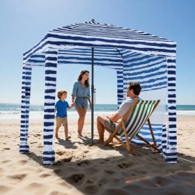   VEVOR strandkabin, 1,83 x 1,83 m-es strandponyva oldalfallal, UPF 50+ védelem, könnyen felállítható kabin sátor homokzsebekkel, hordozható árnyékoló napernyő az egész családnak és barátoknak, sötétkék csíkok