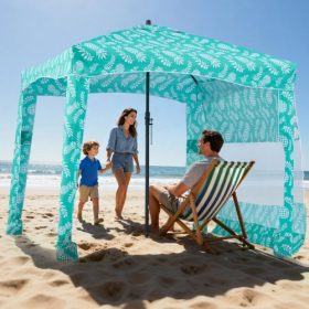   VEVOR strandkabin, 1,83 x 1,83 m-es strandponyva oldalfallal, UPF 50+ védelem, könnyen felállítható strandkabin sátor homokzsebekkel, nagy, hordozható árnyékoló, napvédő, kültéri napernyő az egész családnak és barátoknak