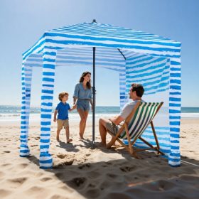   VEVOR strandkabin, 1,83 x 1,83 m-es strandponyva oldalfallal, UPF 50+ védelem, könnyen felállítható kabin sátor homokzsebekkel, hordozható árnyékoló napernyő az egész családnak és barátoknak, kék csíkokkal