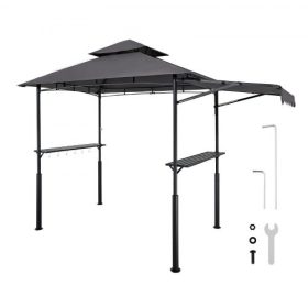   VEVOR Grillező Pavilon, 2,43 x 1,5 m Kétszintes Tetejű, Megerősített Grillező Pavilon Extra Napellenzővel, Porszórt Acél Terasz Grillező 2 Oldalsó Polccal és Akasztókkal, Kültéri Grillező Ponyva Kertbe