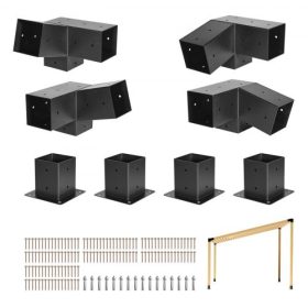   VEVOR Pergola készlet, 4x4 hüvelykes, 3 irányban ferde konzol 92 x 92 mm-es fa gerendákhoz valós méretben, szénacél pergola konzol csavarokkal és oszlopalapokkal, kültéri fa pergolákhoz, pavilonokhoz, fészerekhez, 8 db