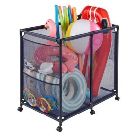   VEVOR medencetároló, 93,5 x 61 x 90,4 cm, guruló medenceúszó-tároló szervező oldalsó zsebekkel és görgőkkel, strapabíró fémkeret, medence melletti játékok tésztatartó hálós kosár úszómedencékhez