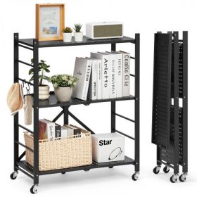   VEVOR 3-szintes összecsukható tárolópolc, 28Sz x 13M x 36M hüvelykes összecsukható fém polcrendszer, összeszerelés nélküli szervezőpolc 5 kerékkel és 4 kampóval kamrába, konyhába, garázsba, pincébe, fekete