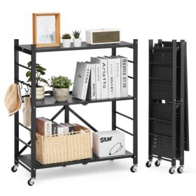   VEVOR 3-szintes összecsukható tárolópolc, 30Sz x 13M x 36M hüvelykes összecsukható fém polcrendszer, összeszerelés nélküli szervezőpolc 5 kerékkel és 4 kampóval kamrába, konyhába, garázsba, pincébe, fekete