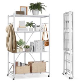   VEVOR 4-szintes összecsukható tárolópolc, 36Sz x 21M x 60M hüvelykes összecsukható fém polcrendszer, összeszerelés nélküli szervezőpolc 5 kerékkel és 4 kampóval kamrába, konyhába, garázsba, pincébe, fehér