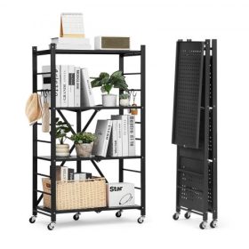   VEVOR 4-szintes összecsukható tárolópolc, 26Sz x 13M x 46M hüvelykes összecsukható fém polcrendszer, összeszerelés nélküli szervezőpolc 5 kerékkel és 4 kampóval kamrába, konyhába, garázsba, pincébe, fekete