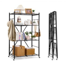   VEVOR 4-szintes összecsukható tárolópolc, 36Sz x 21M x 60M hüvelykes összecsukható fém polcrendszer, összeszerelés nélküli szervezőpolc 5 kerékkel és 4 kampóval kamrába, konyhába, garázsba, pincébe, fekete