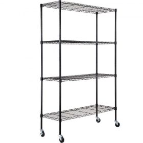   VEVOR tároló polcrendszer kerekekkel, 4 szintes, állítható, 320 kg-os teherbírás, strapabíró garázspolcok, fém rendező, dróttartó, fekete, 119,5 cm H x 45,5 cm SZ x 193,6 cm M konyhai kamrába, alagsori fürdőszobába