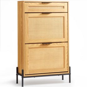   VEVOR rattan cipőszekrény, keskeny cipőtároló szervező 2 kihajtható rattan fiókkal és 1 kihúzható fiókkal, fém lábakkal, karcsú cipőszekrény, ideális előszobába, gardróbba, folyosóra, világos fa színű