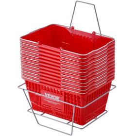   VEVOR bevásárlókosár, 12 darabos készlet, 21 literes tartós műanyag élelmiszerkosár fém fogantyúval és állvánnyal, 16,73 x 12,01 x 8,58 hüvelykes hordozható bevásárlókosár kiskereskedelmi üzletekhez, szupermarketekhez, piros
