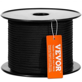   VEVOR fonott nejlonkötél, 0,48 cm (3/16 hüvelyk) x 76,2 m (250 láb), 32 szál, 327 kg (720 font) szakítószilárdságú kültéri mászókötél, favágó, famászó kötél sziklatúrázáshoz, kempingezéshez, hinta, ereszkedéshez, mentéshez, fekete