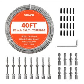   VEVOR 3,2 mm-es drótkötélkészlet, 12,2 m hosszú, 316-os rozsdamentes acél drótkötél, 7,1 kN szakítószilárdság, 7 x 7 szálas szerkezet, acélkábel teraszkorlát-rendszerhez, kerti rácshoz, fényfüzérekhez