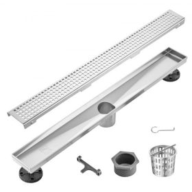   VEVOR 610 mm-es lineáris zuhanylefolyó négyzet alakú ráccsal, szálcsiszolt 304-es rozsdamentes acél téglalap alakú zuhanypadló-lefolyó, lineáris lefolyó szintező lábakkal, hajszűrő ezüst színben
