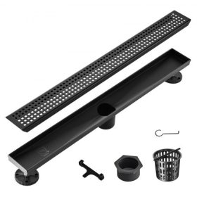   VEVOR 610 mm-es lineáris zuhanylefolyó négyzet alakú ráccsal, szálcsiszolt 304-es rozsdamentes acél téglalap alakú zuhanypadló-lefolyó, elegáns lineáris lefolyó hajszűrővel, matt fekete
