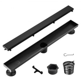   VEVOR 610 mm-es lineáris zuhanylefolyó, eltolt kivitel, csempebetétes borítással, szálcsiszolt 304-es rozsdamentes acél téglalap alakú zuhanypadló-lefolyó, elegáns lineáris lefolyó hajszűrővel, fekete