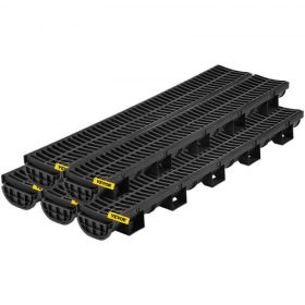   VEVOR ároklefolyó rendszer, csatornaelvezető műanyag ráccsal, 14,5 x 8 cm HDPE vízelvezető árok, fekete műanyag garázspadló-lefolyó, 5x39 ároklefolyó rács, 5 végzáróval, kertbe, kocsifelhajtóhoz - 5 darabos csomag