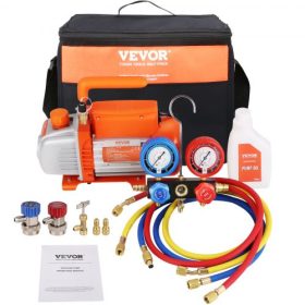   VEVOR 186W (1/4 LE) 267 L/perc (4,5 CFM) AC vákuumszivattyú és mérőkészlet, egyfokozatú forgólapátos HVAC levegő vákuumszivattyú klíma hűtőközeg készlet elosztó mérőkészlet, háromszínű tömlőhordtáskával, R134a, R410a hűtőközegekhe