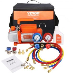   VEVOR 1/5 HP 3,5 CFM AC vákuumszivattyú és mérőkészlet, egyfokozatú forgólapátos HVAC levegő vákuumszivattyú klíma hűtőközeg készlet elosztó mérőkészlet, háromszínű tömlő hordtáskával, R134a, R1234yf hűtőközegekhez alkalmazható